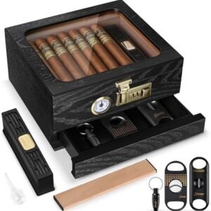Premium cedar wood cigar humidor with tempered glass top, hygrometer, humidifier, combination lock, and accessory drawer