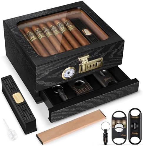Premium Cedar Wood Cigar Humidor with Glass Top, Hygrometer, Humidifier & Lock – Holds 20–45 Cigars