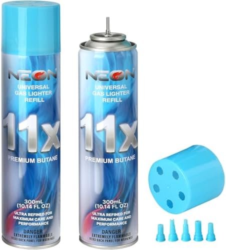 NEON Butane Fuel Refill 2-Pack, 300ml Each – 11X Ultra-Refined 99.9997% Pure Butane with Metal Nozzle & 5 Universal Refill Adapters