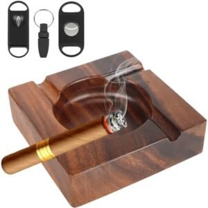 Premium extra large walnut wood cigar ashtray with four cigar holders and three cigar cutters