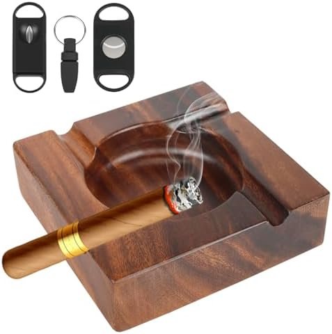 Premium Extra Large Walnut Wood Cigar Ashtray with 3 Cigar Cutters & 4 Cigar Holders