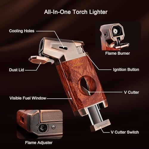 Uppallant V Cutter Torch Lighter – Windproof Refillable Butane Cigar Lighter with Wood-Grain Finish - Image 4