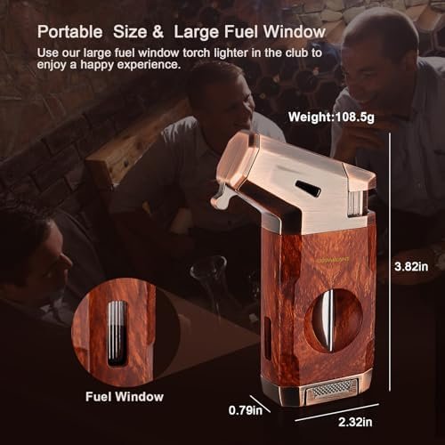 Uppallant V Cutter Torch Lighter – Windproof Refillable Butane Cigar Lighter with Wood-Grain Finish - Image 2