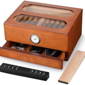 COOL KNIGHT Spanish cedar desktop cigar humidor with dual tempered glass windows, front hygrometer, humidifier, and accessory drawer