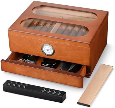 COOL KNIGHT Spanish Cedar Desktop Cigar Humidor with Hygrometer, Humidifier & Accessory Drawer – Holds 20–35 Cigars