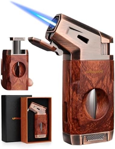 Uppallant V Cutter Torch Lighter – Windproof Refillable Butane Cigar Lighter with Wood-Grain Finish