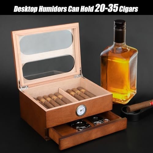 COOL KNIGHT Spanish Cedar Desktop Cigar Humidor with Hygrometer, Humidifier & Accessory Drawer – Holds 20–35 Cigars - Image 5