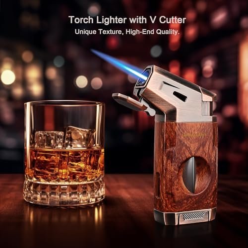 Uppallant V Cutter Torch Lighter – Windproof Refillable Butane Cigar Lighter with Wood-Grain Finish - Image 3