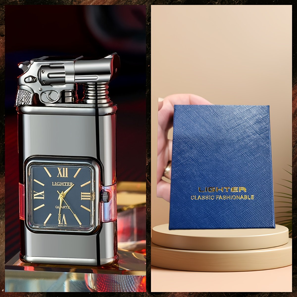 Dual Flame Windproof Butane Torch Lighter with Quartz Clock & Revolver Design – Refillable Gift Lighter