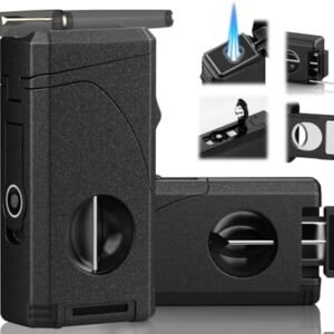 6-in-1 triple jet windproof torch cigar lighter with V-cutter, straight cutter, punch tool, draw enhancer, cigar rest, and refillable butane design