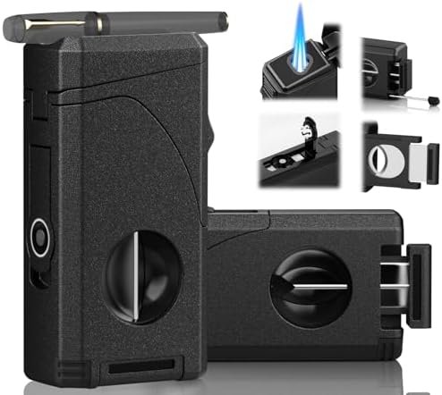 6-in-1 Triple Jet Torch Cigar Lighter – Windproof Refillable Butane Lighter with V-Cutter, Straight Cutter, Punch, Draw Enhancer & Cigar Rest