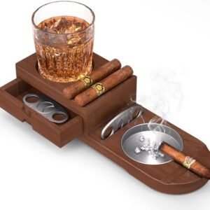 Premium wooden cigar ashtray with whiskey glass holder, removable stainless steel ashtray, cigar rests, and cutter slot