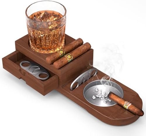 Wooden Cigar Ashtray with Whiskey Glass Holder – 4-in-1 Ashtray, Cigar Rest, Cutter Slot & Removable Stainless Steel Tray