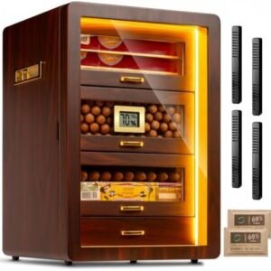 200-count ebony cigar humidor cabinet with Spanish cedar drawers, digital hygrometer, tempered glass door, and LED lighting