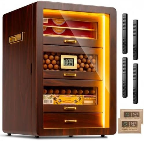 200-Count Ebony Cigar Humidor Cabinet with Digital Hygrometer, LED Lighting & Spanish Cedar Drawers